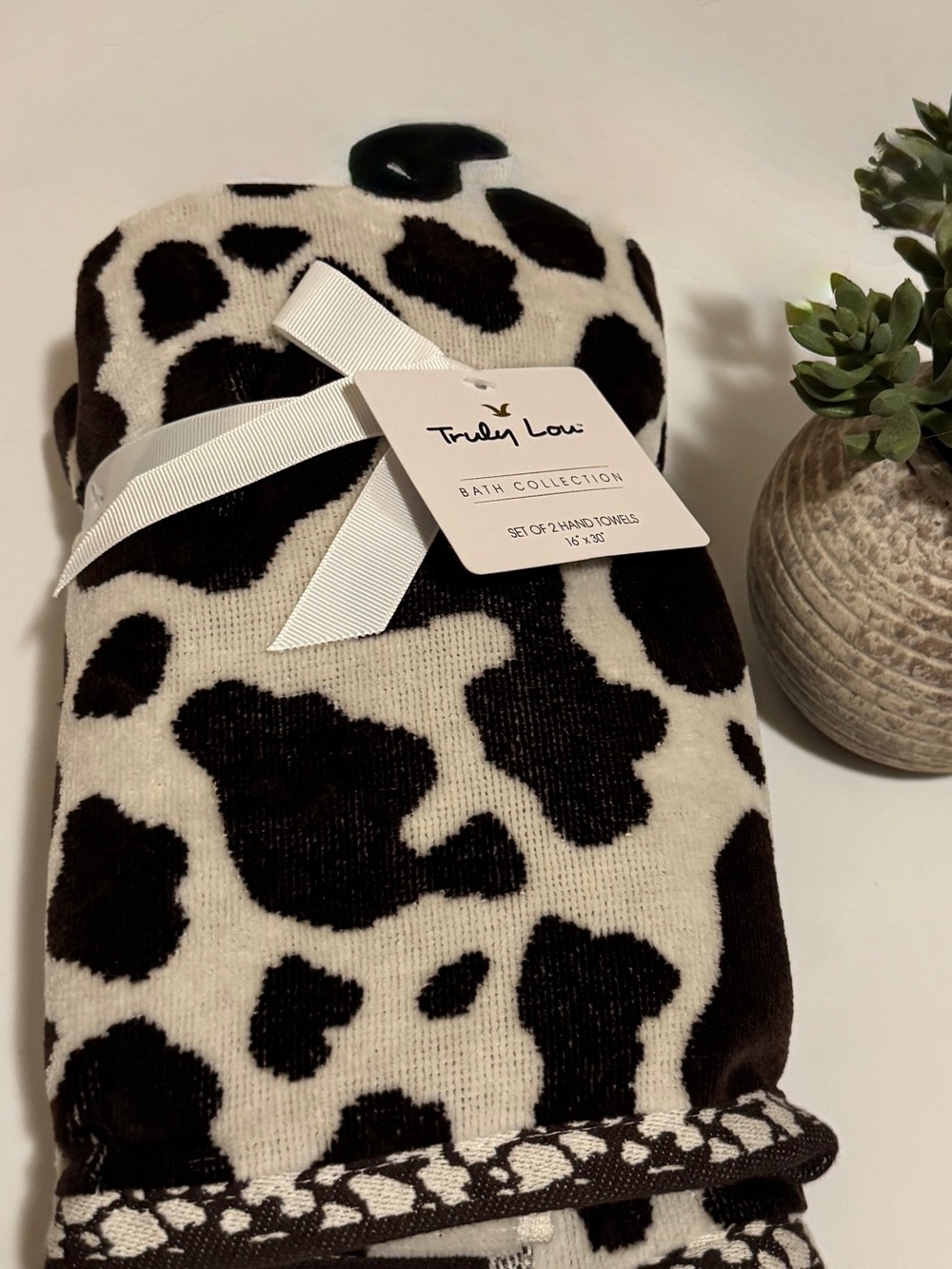 Truly Lou Hand Towel Set Cow Print Brown & Cream Soft Cotton Velour NWT